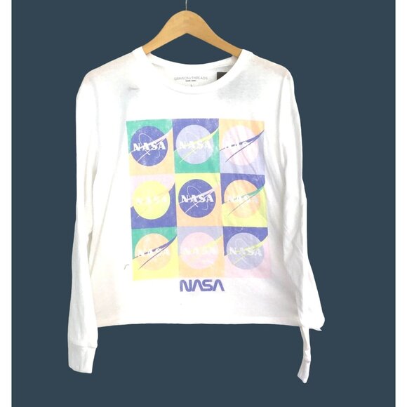 GRAYSON/THREADS-WOMEN WHITE CREW NECK LONG SLEEVE GRAPHIC CROP TOP SIZE LARGE - Picture 1 of 6